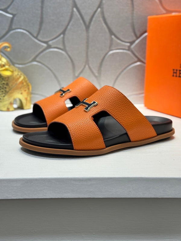 HM Oran H Black Gold Buckle Slippers in Orange Cowhide 735246