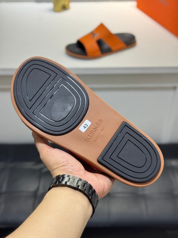 HM Oran H Black Gold Buckle Slippers in Orange  Cowhide 735253