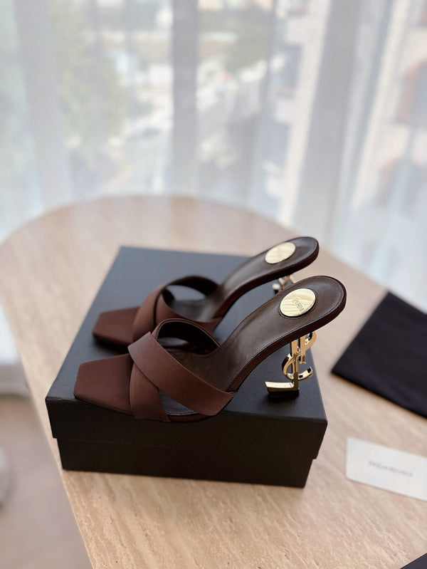 OPYUM OPEN TOE HIGH 10 CM MULES IN CHOCOLATE BROWN CALFSKIN