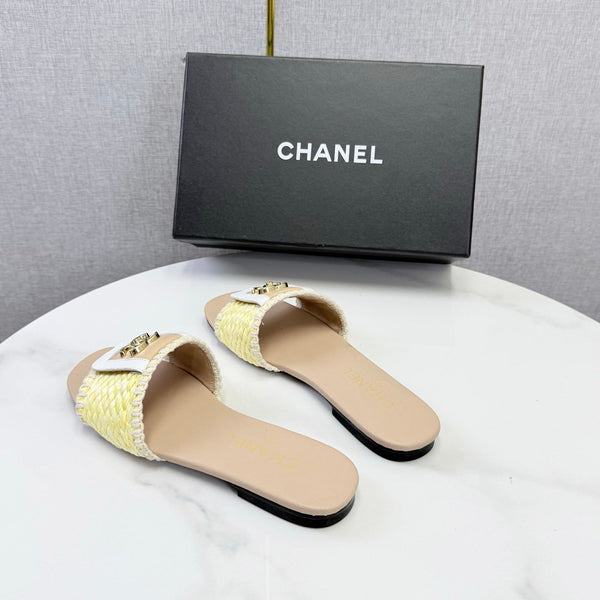 CC 26s Woven Strap Slides Yellow Beige Lambskin