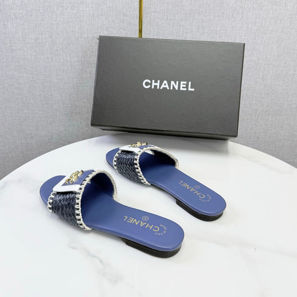CC 26s Woven Strap Slides Dark Blue Lambskin