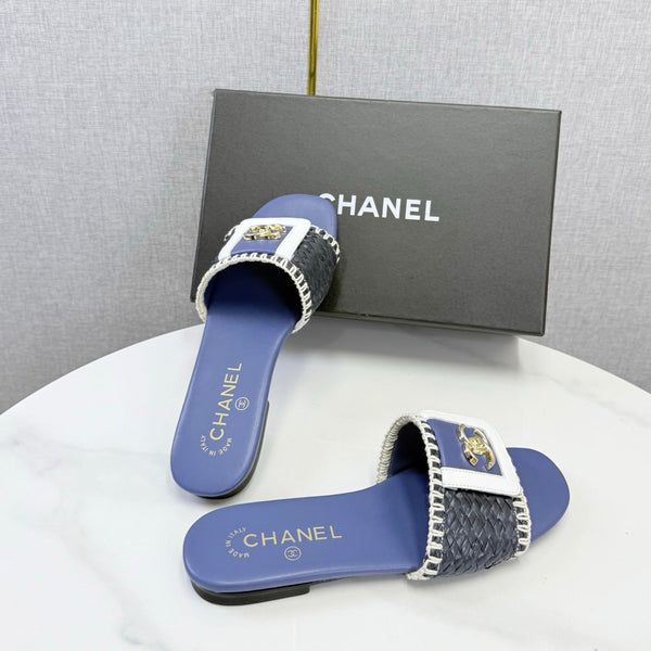 CC 26s Woven Strap Slides Dark Blue Lambskin