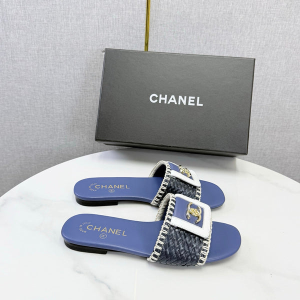 CC 26s Woven Strap Slides Dark Blue Lambskin