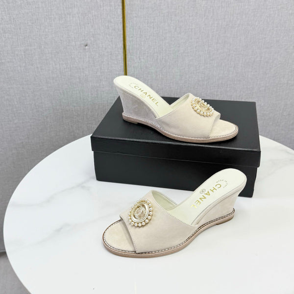 CC 26s Wedge Heels In Light Beige Suede With CC Pearl Embellished