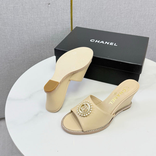CC 26s Wedge Heels In Beige Lambskin With CC Pearl Embellished