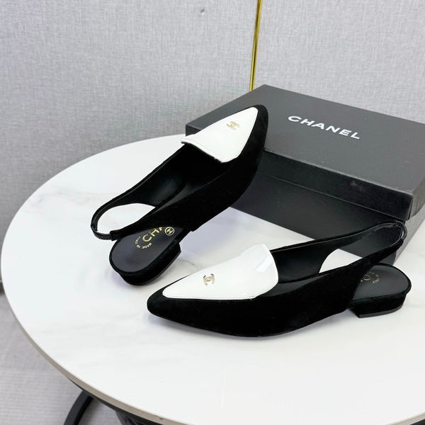 CC 26s Pointed Slingback Flat Black White Suede Patent Leather 972779