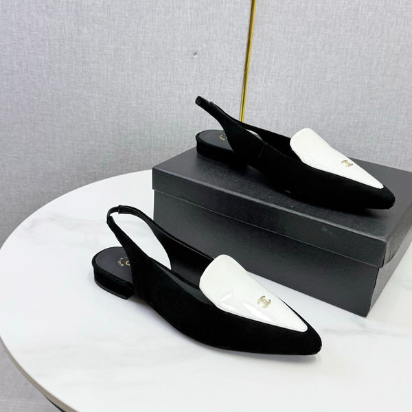 CC 26s Pointed Slingback Flat Black White Suede Patent Leather 972779