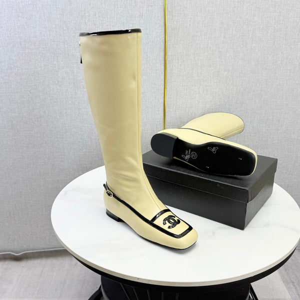 CC 26s Square Toe Low Heel Long Boots Black Beige Sheeepskin 972799