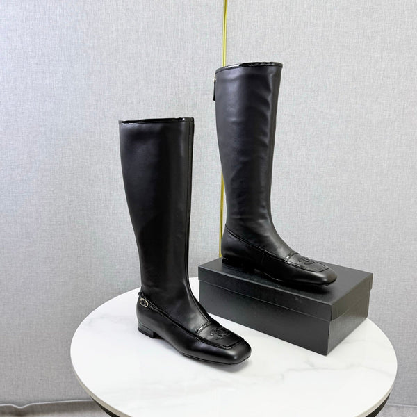 CC 26s Square Toe Low Heel Long Boots Black Sheeepskin 972800