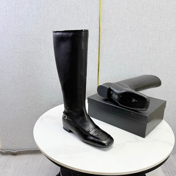 CC 26s Square Toe Low Heel Long Boots Black Sheeepskin 972800