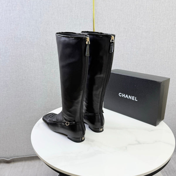 CC 26s Square Toe Low Heel Long Boots Black Sheeepskin 972800