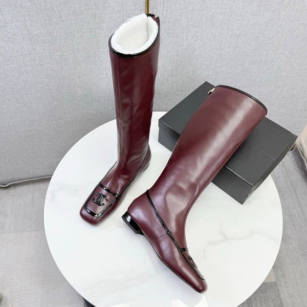 CC 26s Square Toe Low Heel Long Boots Black Burgundy Sheeepskin 972801