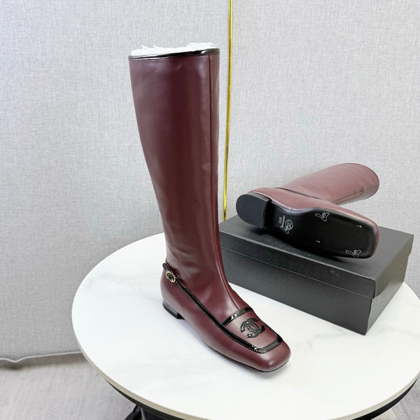 CC 26s Square Toe Low Heel Long Boots Black Burgundy Sheeepskin 972801