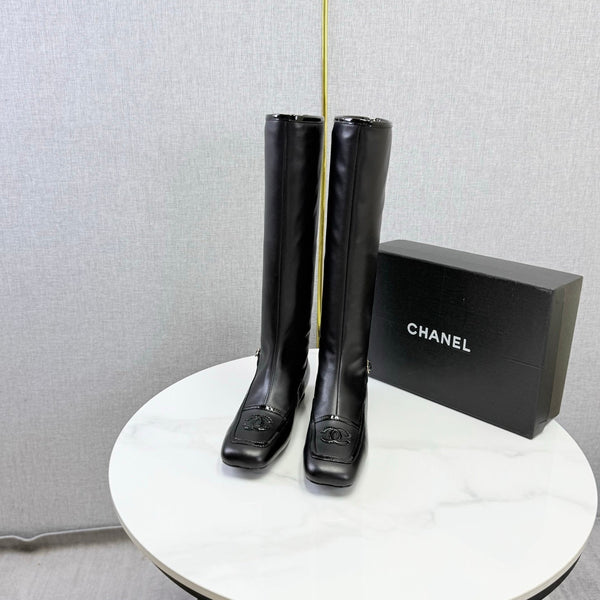 CC 26s Square Toe Low Heel Long Boots Black Sheeepskin 972800