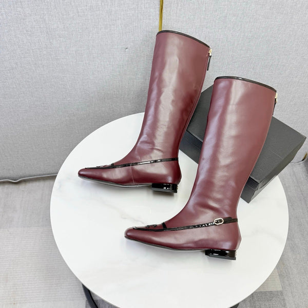 CC 26s Square Toe Low Heel Long Boots Black Burgundy Sheeepskin 972801