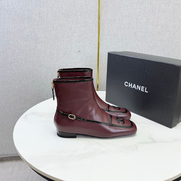 CC 26s Square Toe Low Heel Boots Black Burgundy Sheeepskin 972804