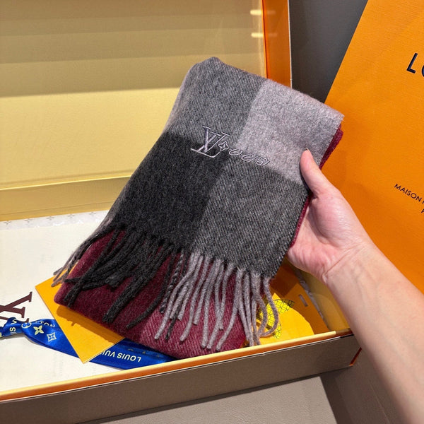 LV Scarf 185cm Burgundy Black Gray Wool Cashmere 977002