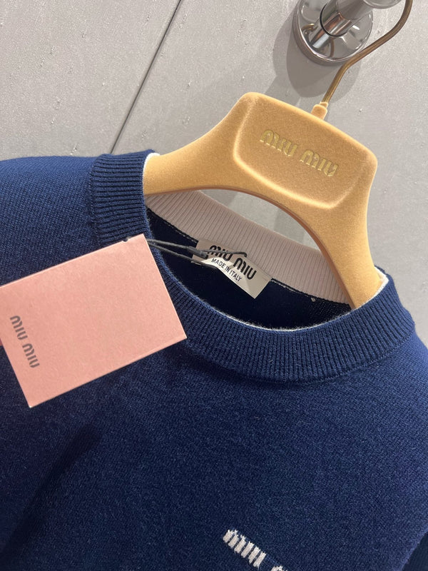 Miu Miu 25 Two-piece Knitted Short-sleeved Top Blue White Wool 210549