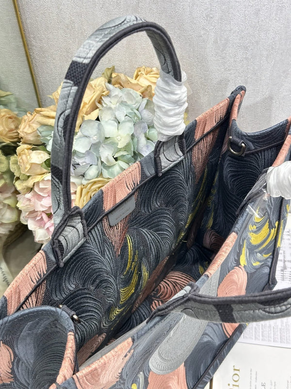 CD Book Tote Pink Grey Leaf Embroidery