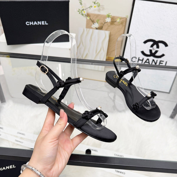 CC 2026 Pearl Sandal Black Satin Leather 692022