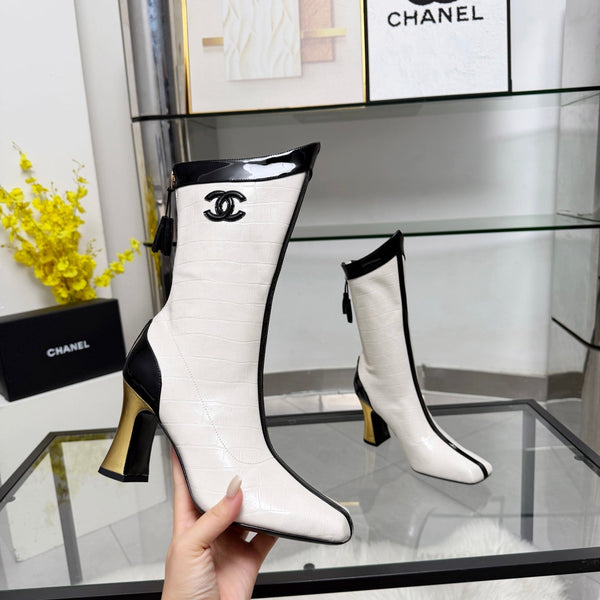 CC 26 FW Ankle Boots 8.5cm Black White Crocodile-Embossed Leather 919940