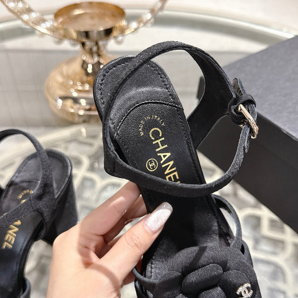 CC Camellia Flower Block Heel Sandals Black Canvas Sheepskin 735984