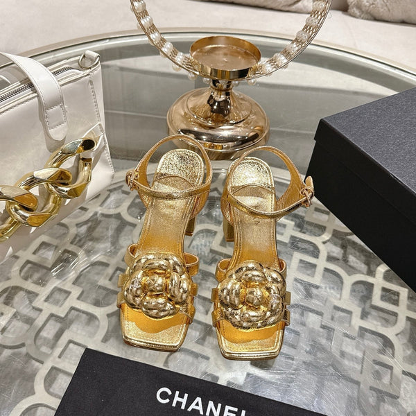 CC Camellia Flower Block Heel Sandals Gold Sheepskin 735985