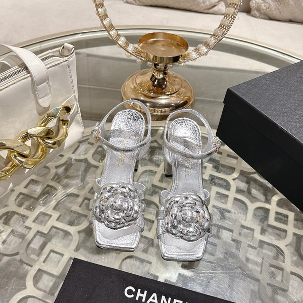 CC Camellia Flower Block Heel Sandals Sliver Sheepskin 735987
