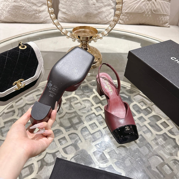 CC 26s Square-Toe High-Heeled Slingbacks 6cm Black Burgundy Leather 736105