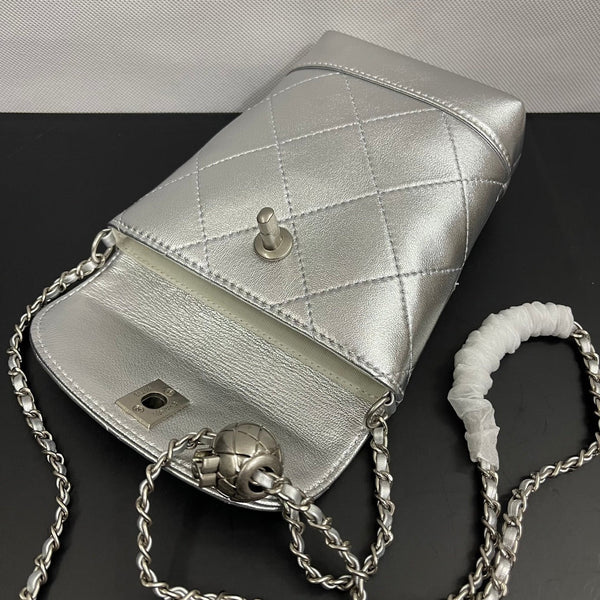 CC Phone Holder Bag 17cm Sliver Metalic Leather