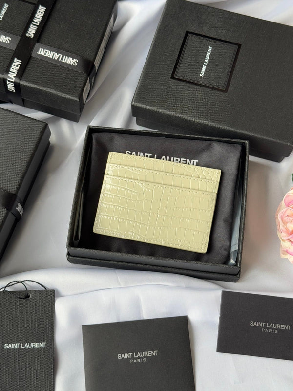 YSL Card Holder 10cm Wallet Cream Gold Crocodile Leather 240565