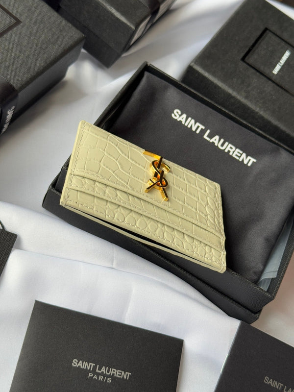 YSL Card Holder 10cm Wallet Cream Gold Crocodile Leather 240565