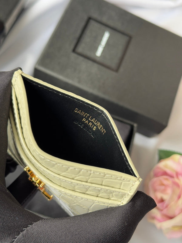 YSL Card Holder 10cm Wallet Cream Gold Crocodile Leather 240565