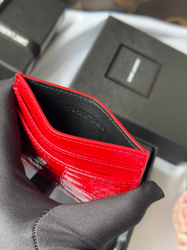 YSL Card Holder 10cm Wallet Red Gold Crocodile Leather 240563
