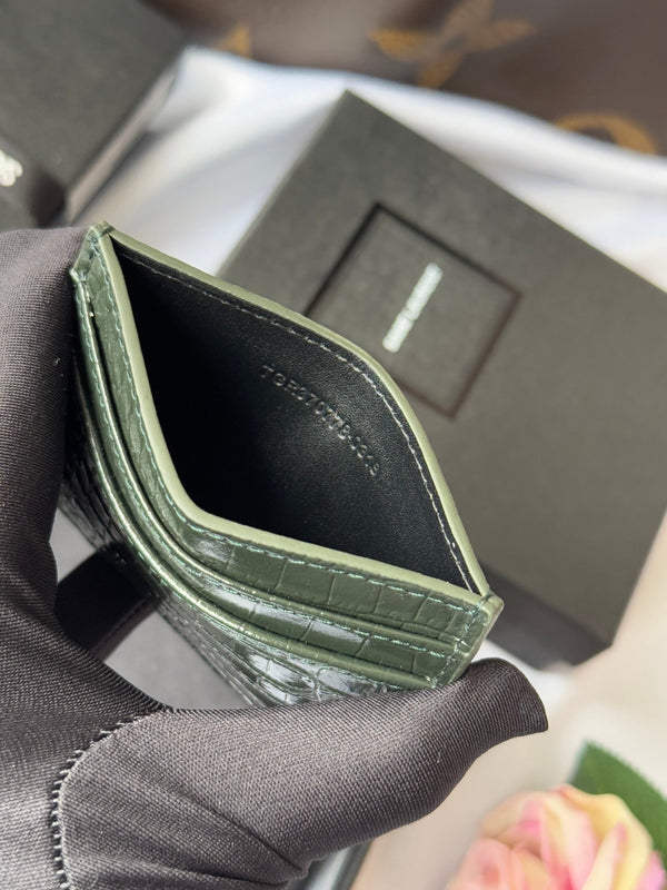 YSL Card Holder 10cm Wallet Dark Green Gold Crocodile Leather 240561
