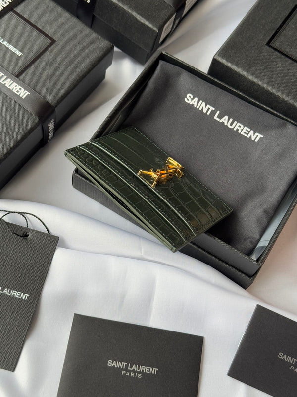 YSL Card Holder 10cm Wallet Dark Green Gold Crocodile Leather 240561
