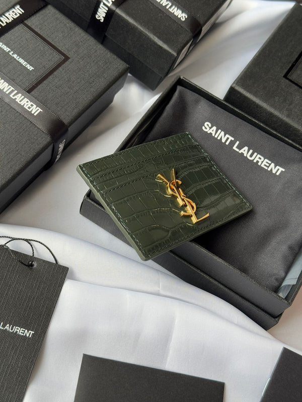 YSL Card Holder 10cm Wallet Dark Green Gold Crocodile Leather 240561