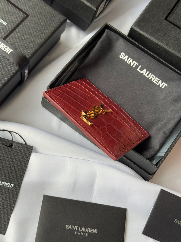YSL Card Holder 10cm Wallet Burgundy Gold Crocodile Leather 240559