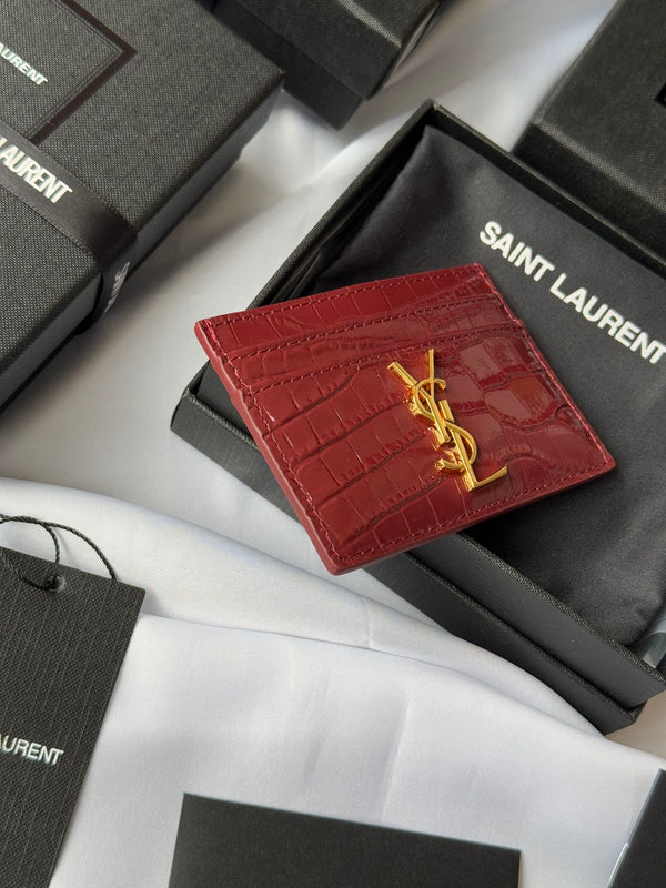 YSL Card Holder 10cm Wallet Burgundy Gold Crocodile Leather 240559