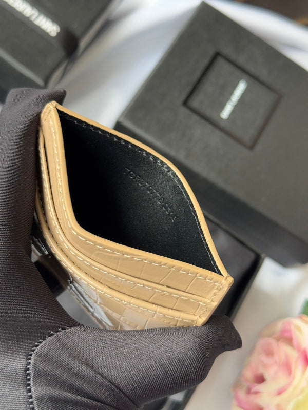 YSL Card Holder 10cm Wallet Beige Gold Crocodile Leather 240555