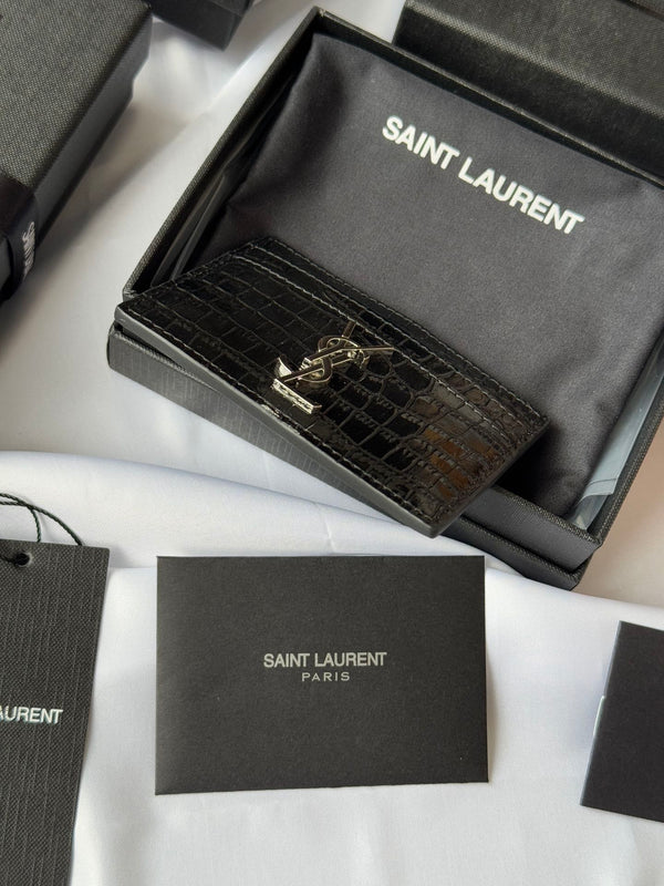 YSL Card Holder 10cm Wallet Black Silver Crocodile Leather 240554