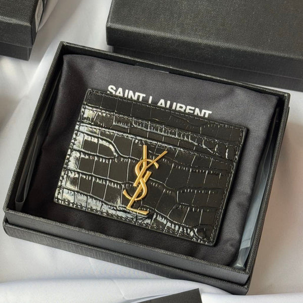 YSL Card Holder 10cm Wallet Black Gold Crocodile Leather 240550