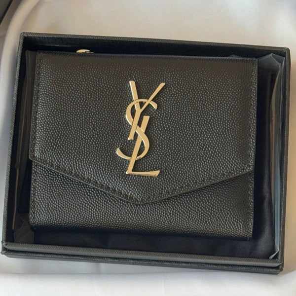 YSL Tri-fold Wallet Black Silver Cowhide 242758