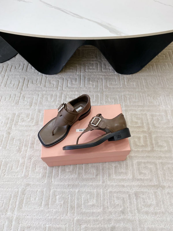 Miu Thong Sandals In Coffee Brown Lambskin With Silver Buckle
