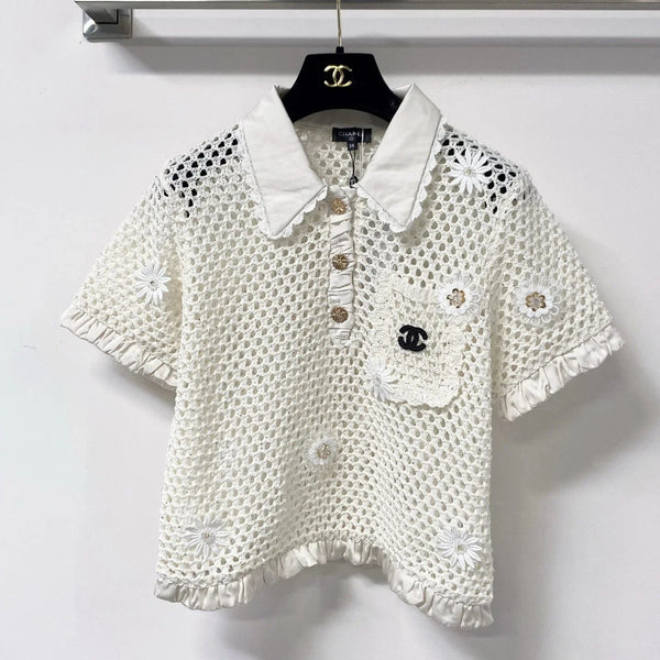 CC 2026 Daisy Pattern Knit Short-Sleeve Shirt White Wool 673370