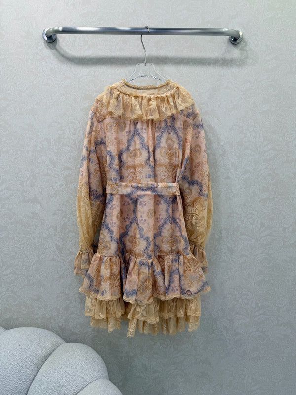Zimmermann Rebellion Lace-Up Mini Dress Tan Floral Cotton 335960