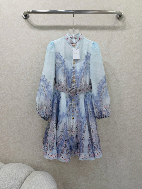 Zimmermann Eden Belted Mini Dress Blue Paisley Cotton 347324