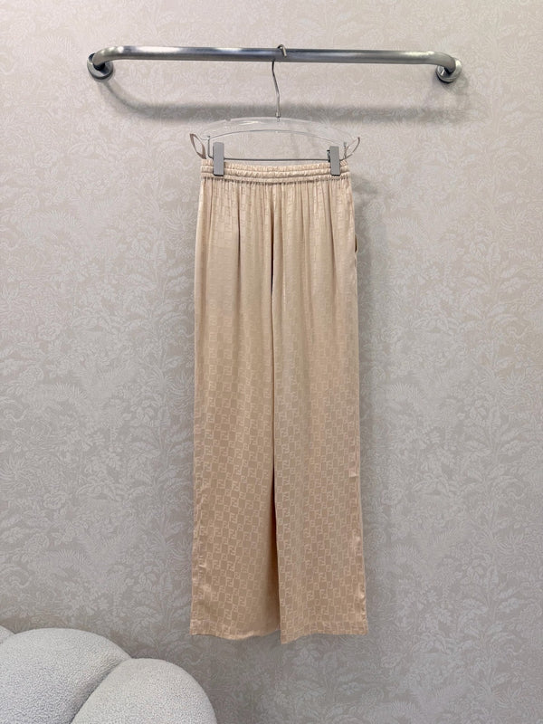 Fendi 26s Wide-Leg Trousers Jacquard Pattern Beige Rayon Cotton