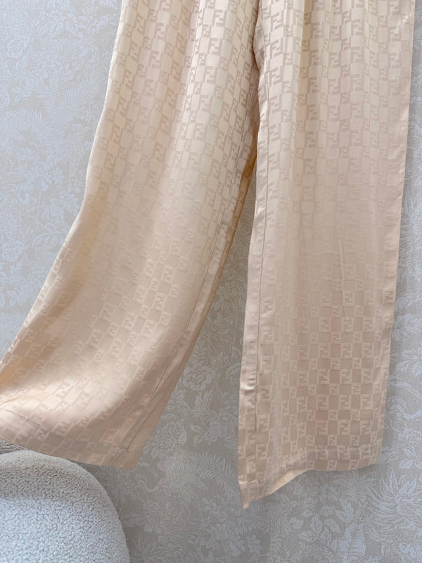 Fendi 26s Wide-Leg Trousers Jacquard Pattern Beige Rayon Cotton