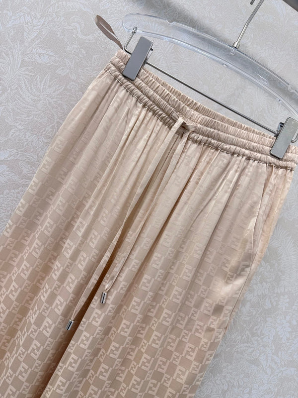 Fendi 26s Wide-Leg Trousers Jacquard Pattern Beige Rayon Cotton